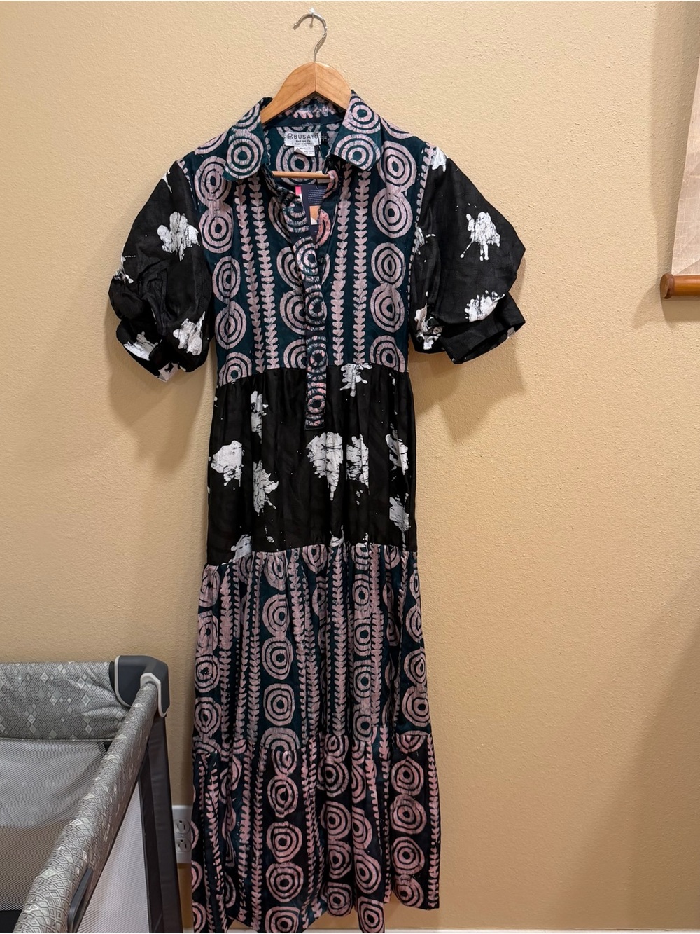 NWT Tuckernuck Busayo Block Print Bohemian Black & Blush Tiered Maxi Dress XS - Picture 4 of 10
